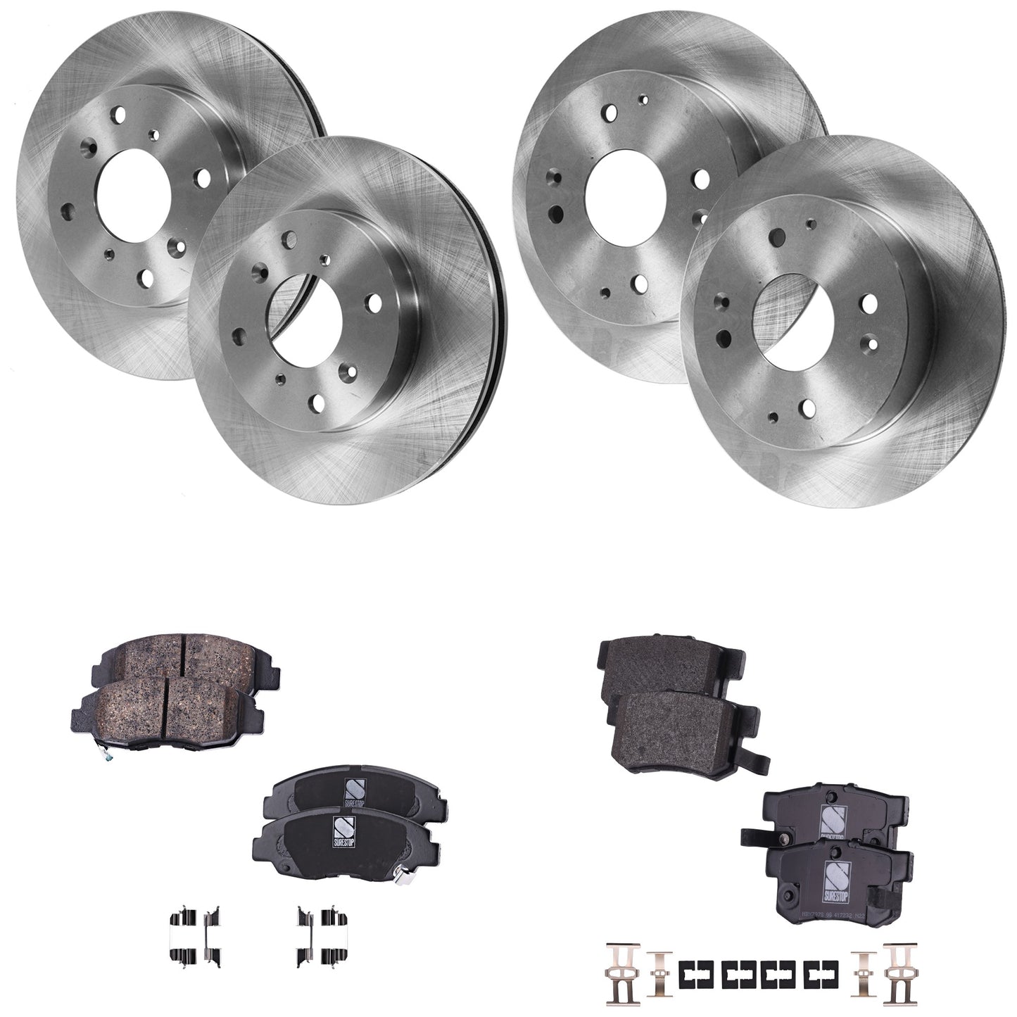 4-Wheel Set Front and Rear Brake Disc and Pad Kit, Plain Surface 4 Lugs Front-260 mm/Rear-259.84 mm Ceramic Pro-Line Series, Includes (4) Brake Disc and (2) Brake Pad Set