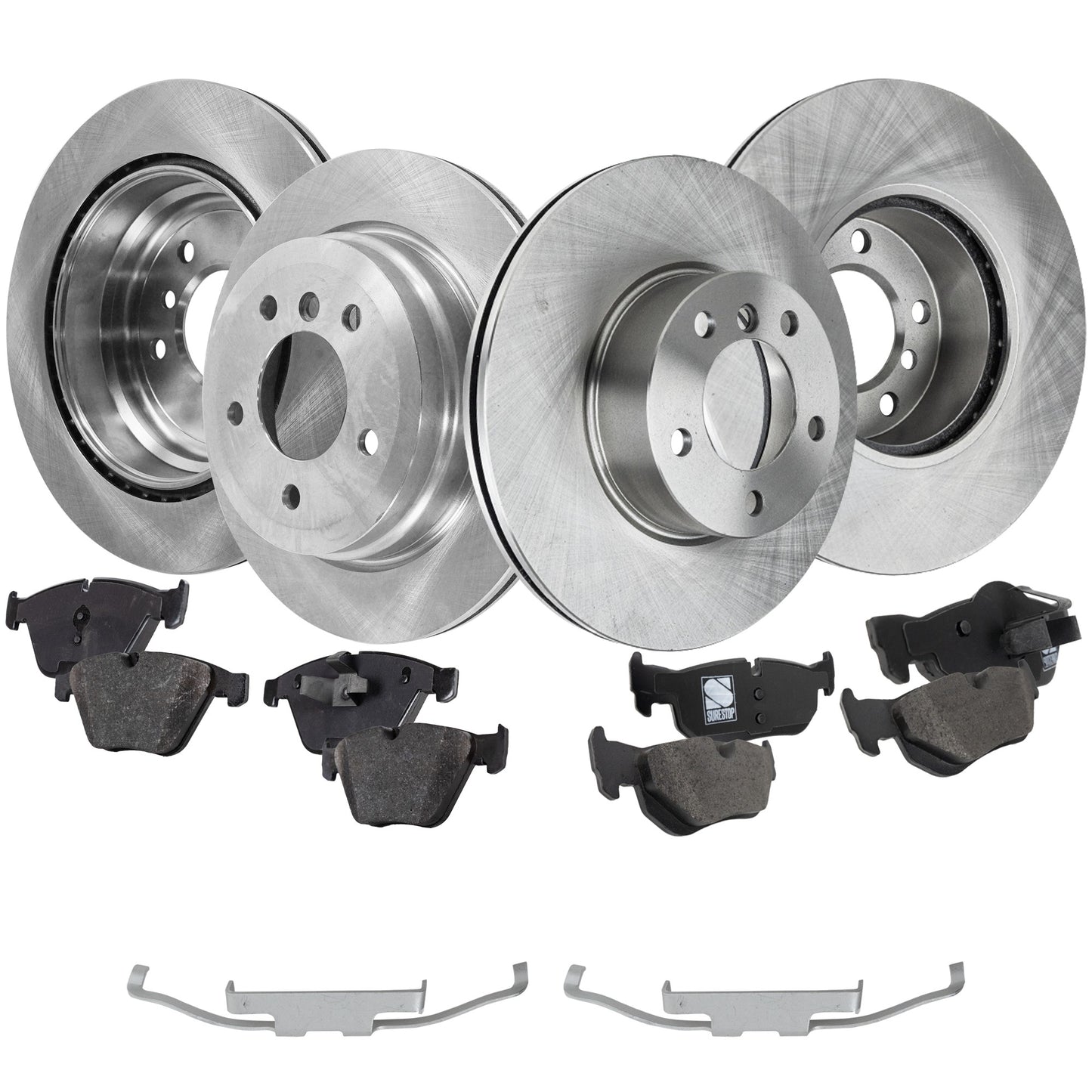 4-Wheel Set Front and Rear Brake Disc and Pad Kit, Plain Surface 5 Lugs Front-311.91 mm/Rear-299.72 mm Front-Organic/Rear-Semi-Metallic Pro-Line Series, Includes (2) Brake Pad Set and (4) Brake Disc
