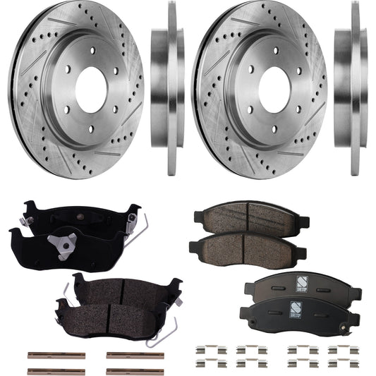 4-Wheel Set Front and Rear Brake Disc and Pad Kit, Cross-drilled and Slotted 6 Lugs Front and Rear-320.04 mm Front-Ceramic/Rear-Semi-Metallic Pro-Line Series, Includes (2) Pad Set and (4) Disc