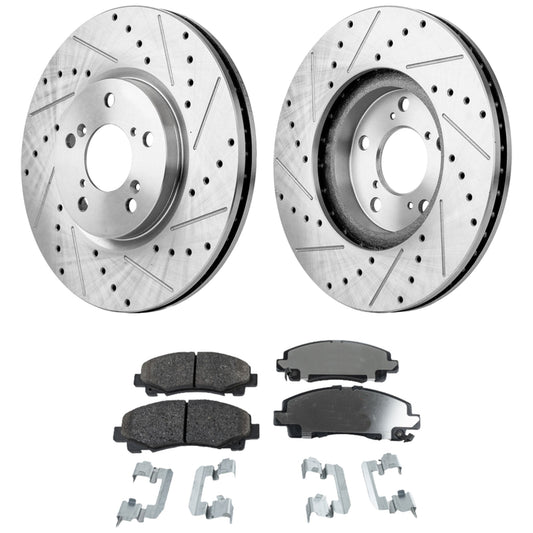 2-Wheel Set Front Brake Disc and Pad Kit, Cross-drilled and Slotted 5 Lugs 320 mm Ceramic Pro-Line Series, Includes (2) Brake Disc and (1) Brake Pad Set