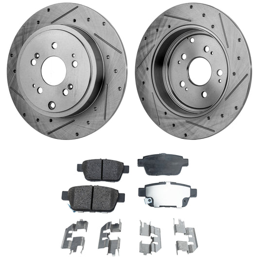 2-Wheel Set Rear Brake Disc and Pad Kit, Cross-drilled and Slotted 5 Lugs 334 mm Ceramic Pro-Line Series, Includes (2) Brake Disc and (1) Brake Pad Set