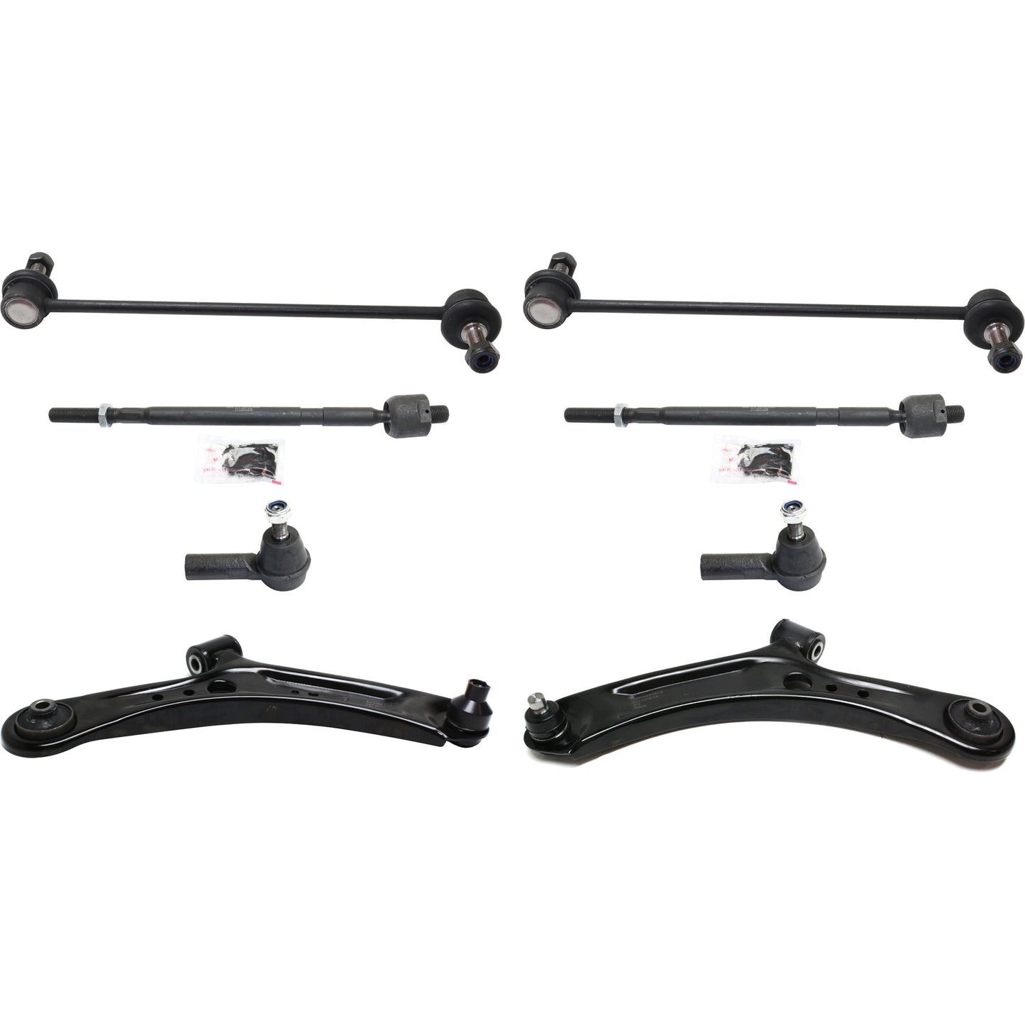8-Piece Kit Front, Driver and Passenger Side, Lower Control Arm Kit, Includes (4) Tie Rod End, (2) Control Arm and (2) Sway Bar Link