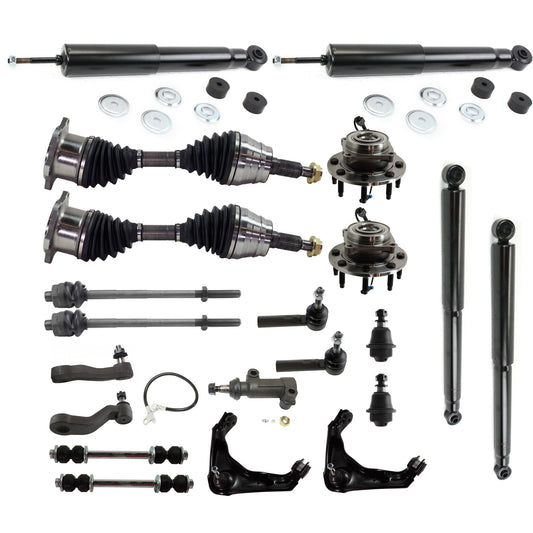 21-Piece Front Suspension Kit Includes (2) Control Arm, (2) Ball Joint, (2) Sway Bar, (4) Tie Rod End, (1) Idler Arm, (1) Pitman Arm, (1) Bracket, (2) Axle Assembly, (4) Shock and Strut (2) Wheel Hub