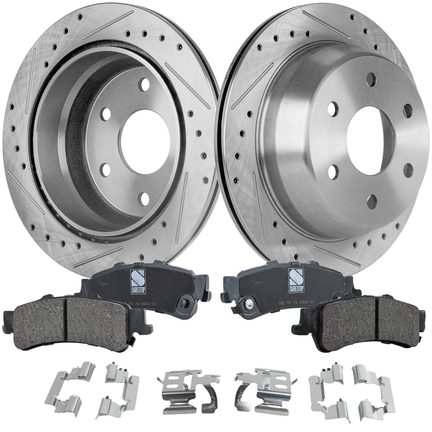 2-Wheel Set Rear Brake Disc and Pad Kit, Cross-drilled and Slotted 6 Lugs 325.12 mm Ceramic Pro-Line Series, Includes (1) Brake Pad Set and (2) Brake Disc