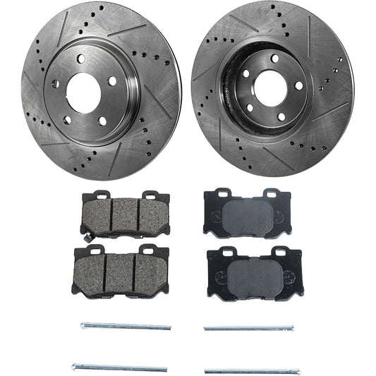 2-Wheel Set Rear Brake Disc and Pad Kit, Cross-drilled and Slotted 308 mm Organic Pro-Line Series, Includes (1) Brake Pad Set and (2) Brake Disc