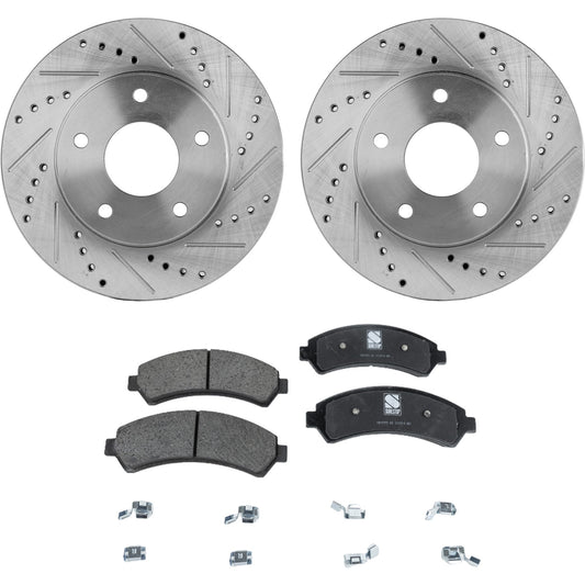 2-Wheel Set Front Brake Disc and Pad Kit, Cross-drilled and Slotted 5 Lugs 274 mm Ceramic Pro-Line Series, Includes (1) Brake Pad Set and (2) Brake Disc