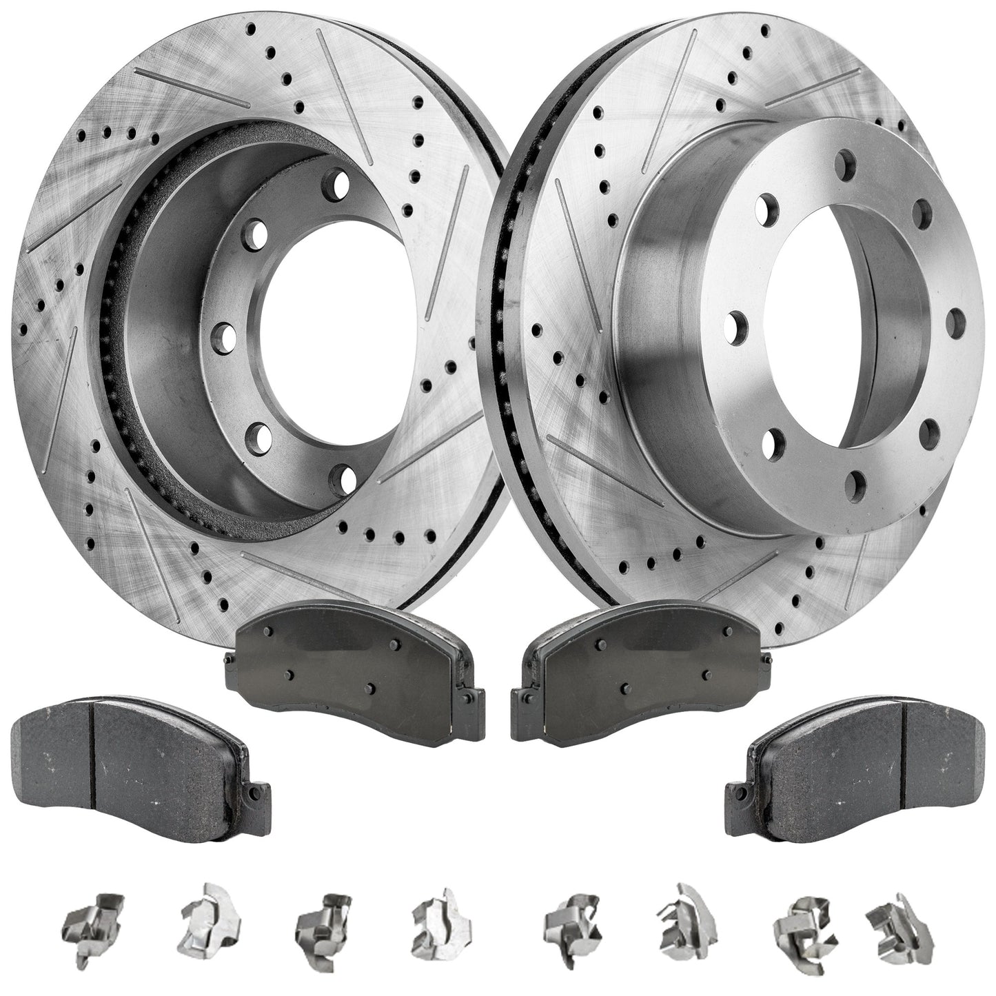 2-Wheel Set Front Brake Disc and Pad Kit, Cross-drilled and Slotted 8 Lugs 347 mm Semi-metallic 4WD Pro-Line Series, Includes (2) Brake Disc and (1) Brake Pad Set