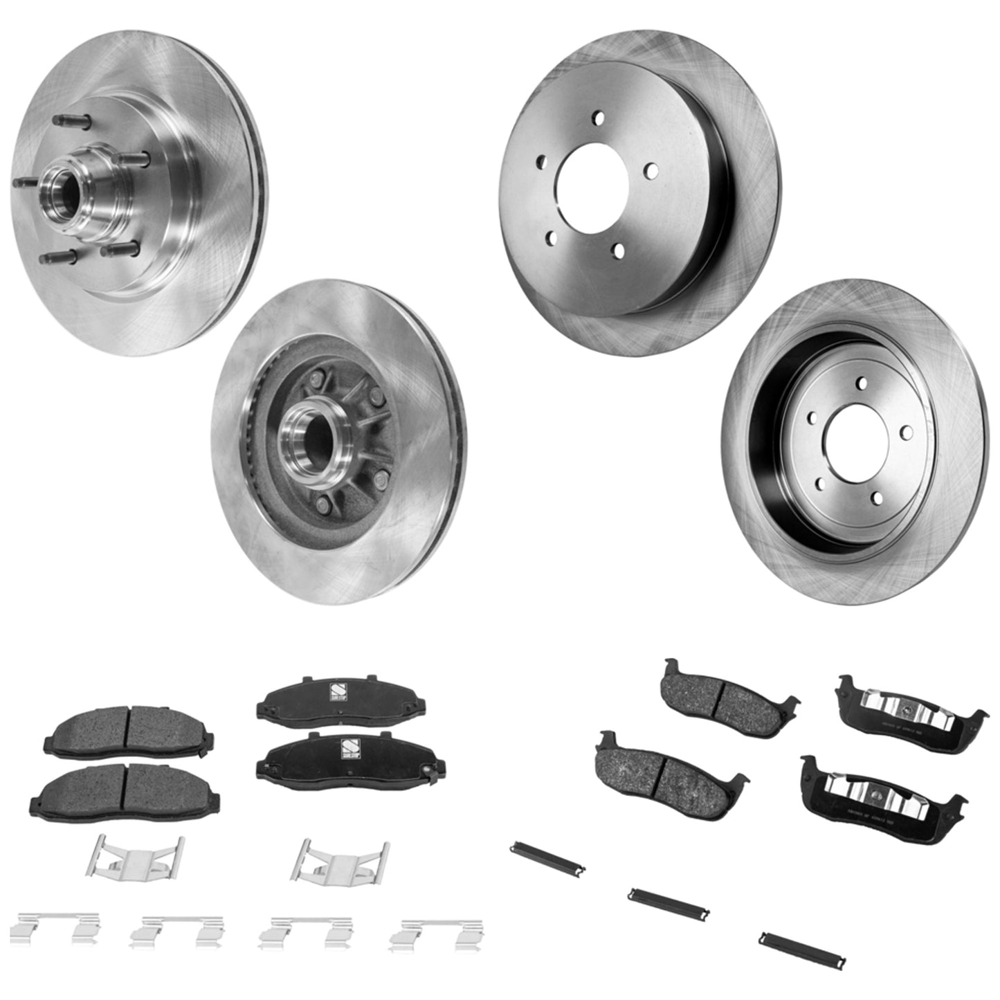 4-Wheel Set Front and Rear Brake Disc and Pad Kit, Plain Surface, 5 Lugs, Semi-Metallic, RWD, Production Date To November 1999, 2-Wheel ABS, With Rear Disc Brake, Pro-Line Series