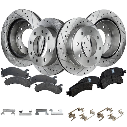 4-Wheel Set Front and Rear Brake Disc and Pad Kit, Cross-drilled and Slotted 8 Lugs Front-324.87 mm/Rear-329.95 mm Ceramic, Includes (2) Brake Pad Set and (4) Brake Disc
