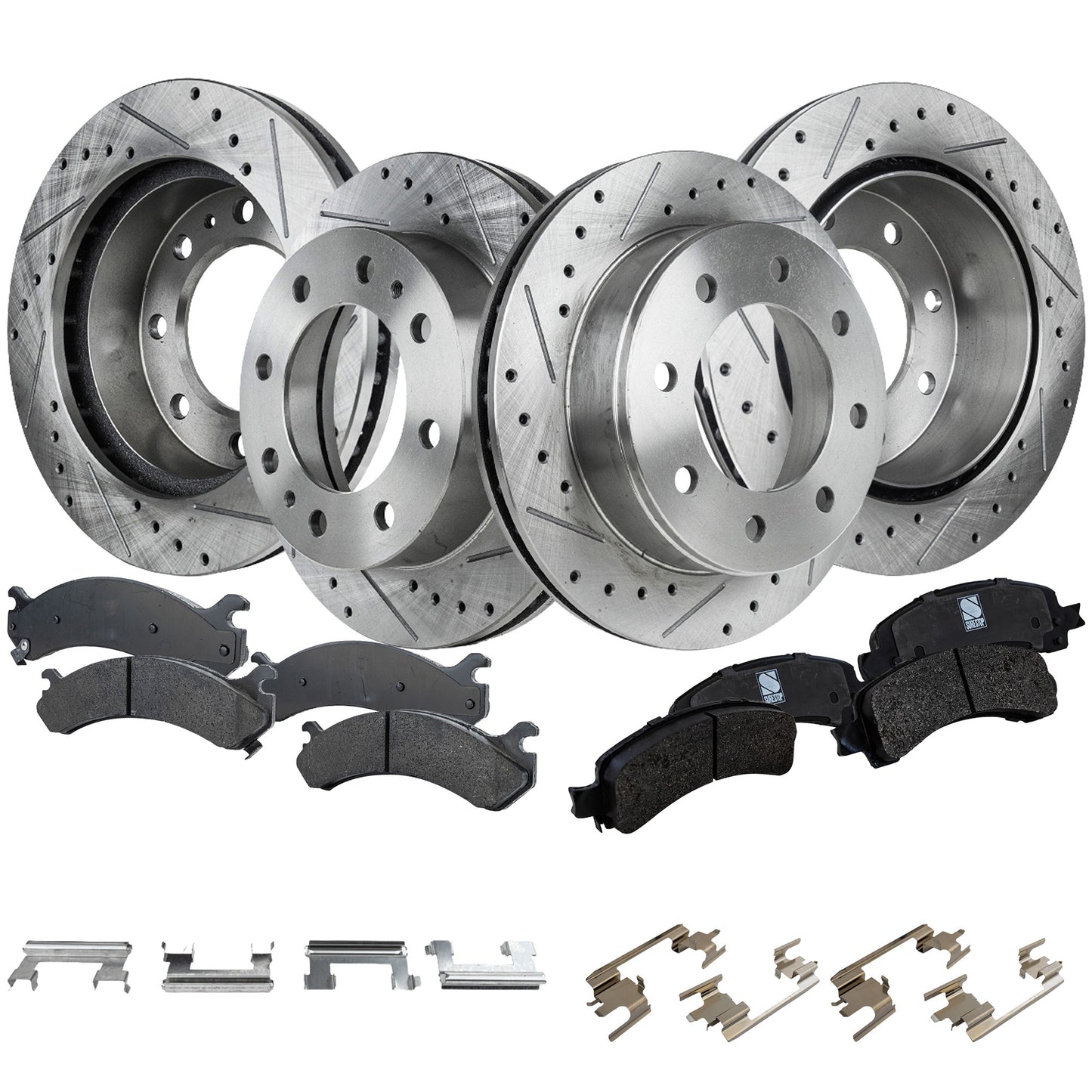 4-Wheel Set Front and Rear Brake Disc and Pad Kit, Cross-drilled and Slotted 8 Lugs Front-324.87 mm/Rear-329.95 mm Ceramic, Includes (2) Brake Pad Set and (4) Brake Disc