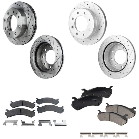4-Wheel Set Front and Rear Brake Disc and Pad Kit, Cross-drilled and Slotted 8 Lugs Front-324.87 mm/Rear-329.95 mm Ceramic, Includes (2) Brake Pad Set and (4) Brake Disc