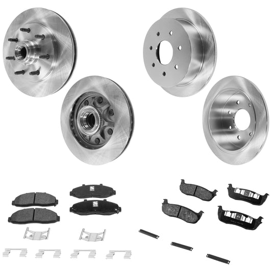 4-Wheel Set Front and Rear Brake Disc and Pad Kit, Plain Surface, 7 Lugs, Semi-Metallic, RWD, 12mm Stud, Exclude GVW. 7,700 Lbs, With Rear Disc Brake, Pro-Line Series