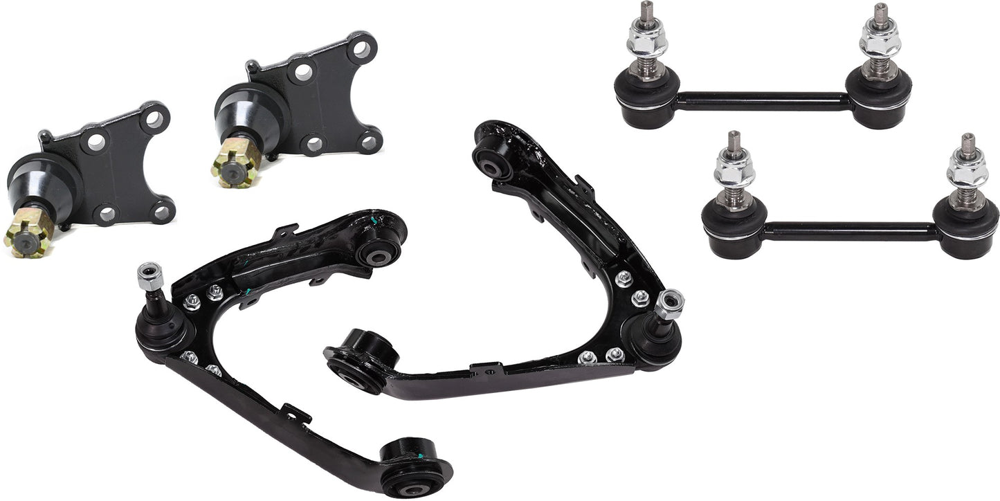 6-Piece Kit Front, Driver and Passenger Side, Upper Control Arm, includes (2) Ball Joint, (2) Control Arm, and (2) Sway Bar Link