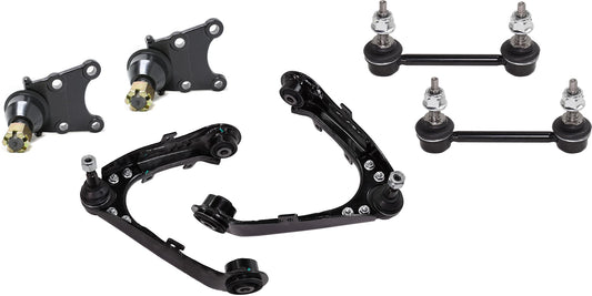 6-Piece Kit Front, Driver and Passenger Side, Upper Control Arm, includes (2) Ball Joint, (2) Control Arm, and (2) Sway Bar Link