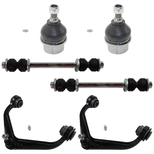 6-Piece Kit Front, Driver and Passenger Side, Upper Control Arm, includes (2) Ball Joint, (2) Control Arm, and (2) Sway Bar Link
