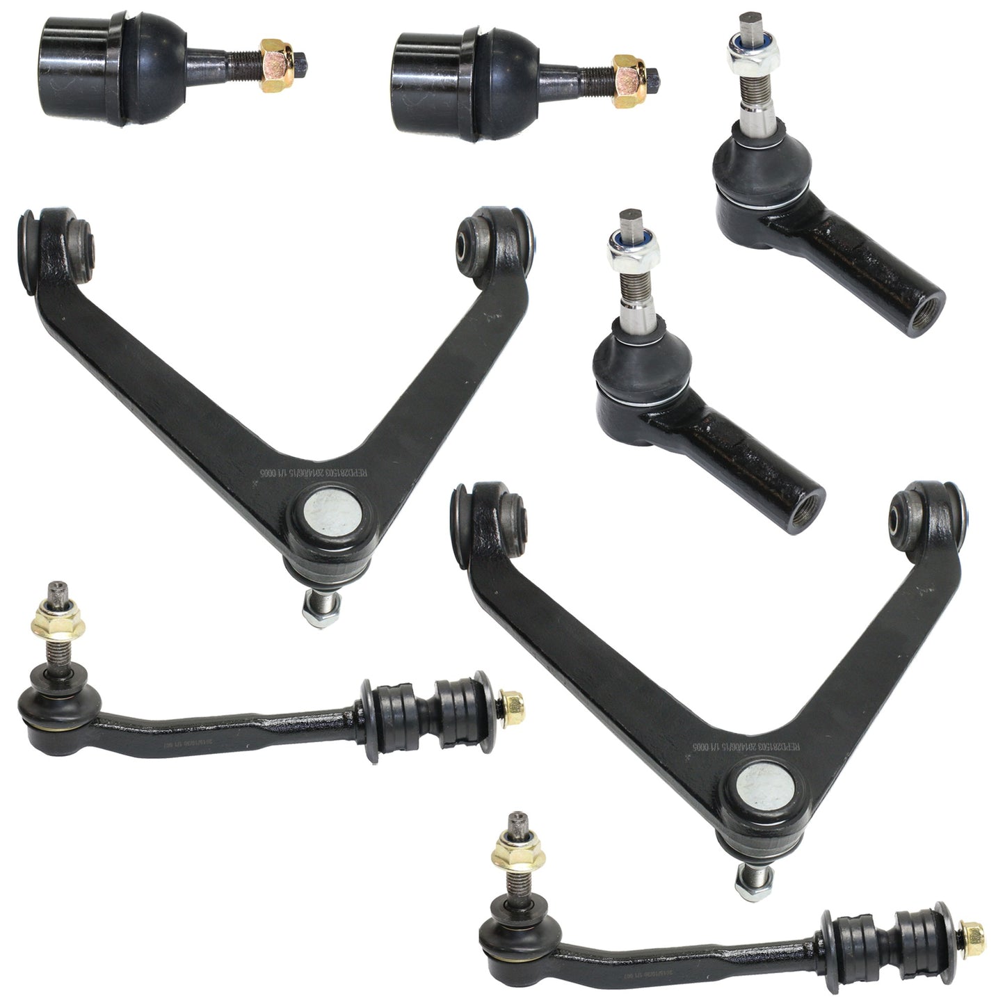 8-Piece Kit Front, Driver and Passenger Side, Upper Control Arm, includes (2) Ball Joint, (2) Control Arm, (2) Sway Bar Link, and (2) Tie Rod End