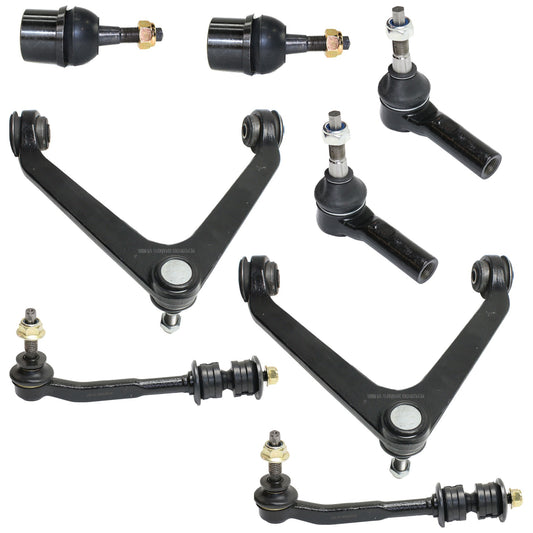 8-Piece Kit Front, Driver and Passenger Side, Upper Control Arm, includes (2) Ball Joint, (2) Control Arm, (2) Sway Bar Link, and (2) Tie Rod End