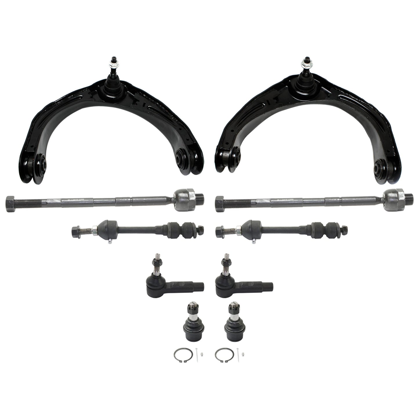 10-Piece Kit Front, Driver and Passenger Side, Upper Control Arm, includes (2) Ball Joint, (2) Control Arm, (2) Sway Bar Link, and (4) Tie Rod End