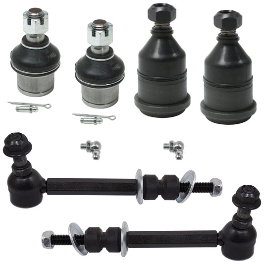6-Piece Kit Front, Driver and Passenger Side, Upper and Lower Ball Joint, includes (4) Ball Joint and (2) Sway Bar Link