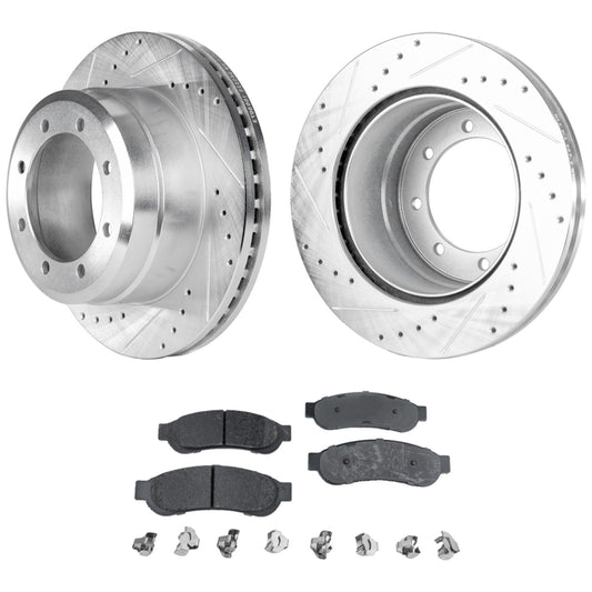 2-Wheel Set Rear Brake Disc and Pad Kit, Cross-drilled and Slotted 8 Lugs 340 mm Semi-metallic Pro-Line Series, Includes (1) Brake Pad Set and (2) Brake Disc