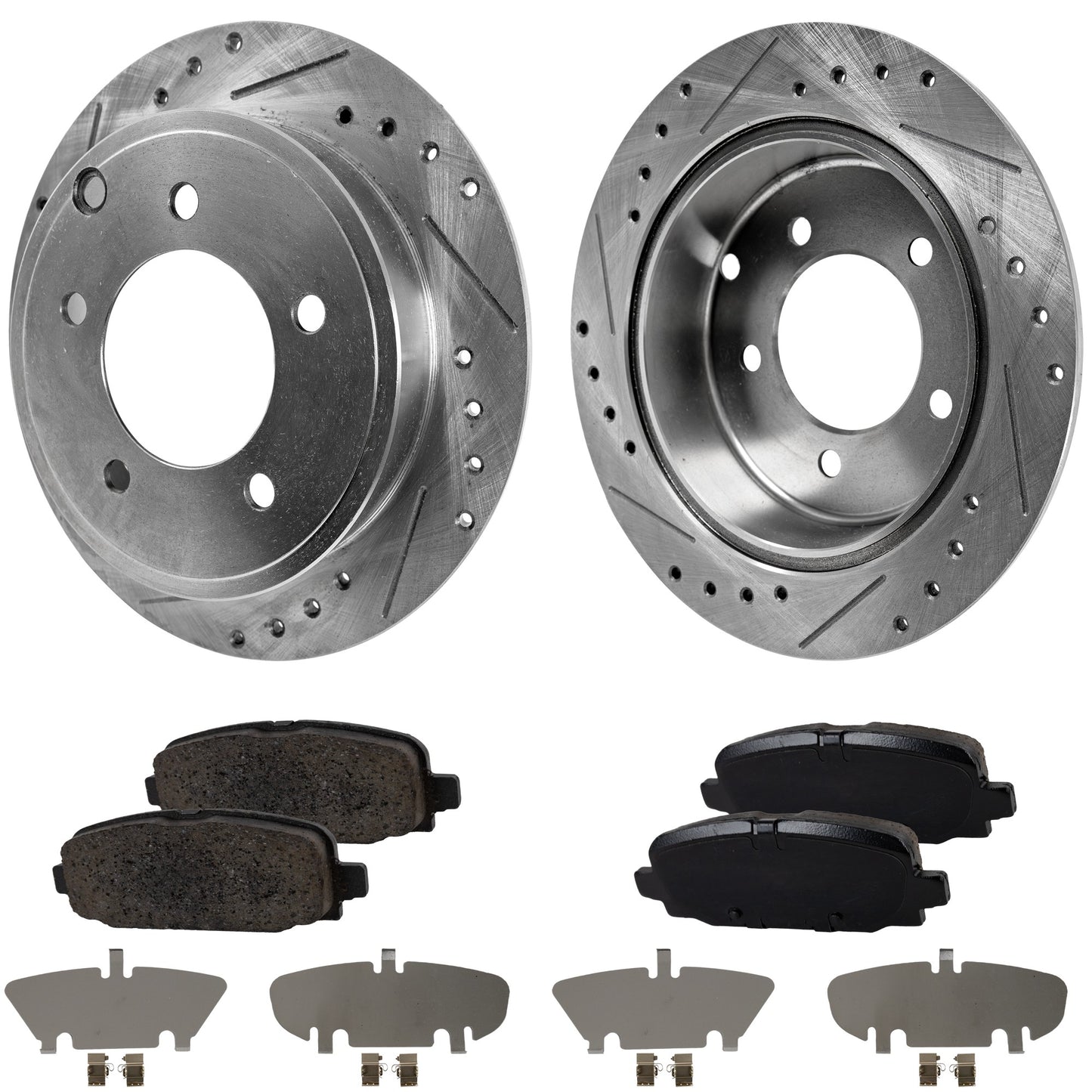 2-Wheel Set Rear Brake Disc and Pad Kit, Cross-drilled and Slotted 262 mm Ceramic Pro-Line Series, Includes (2) Brake Disc and (1) Brake Pad Set