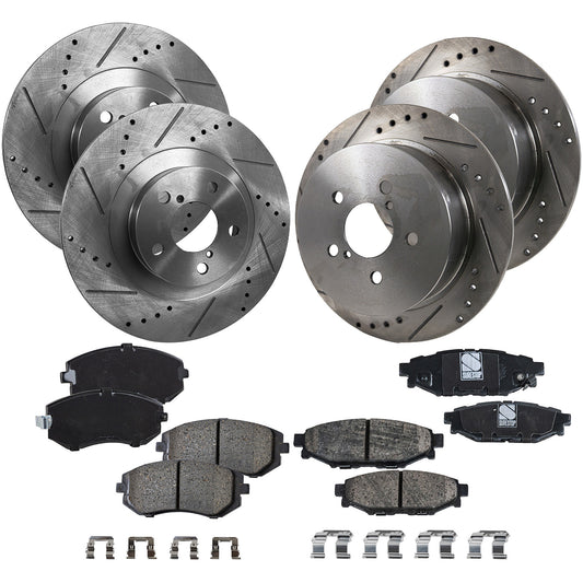 4-Wheel Set Front and Rear Brake Disc and Pad Kit, Cross-drilled and Slotted 5 Lugs Front-293.4 mm/Rear-273.81 mm Ceramic Pro-Line Series, Includes (4) Brake Disc and (2) Brake Pad Set