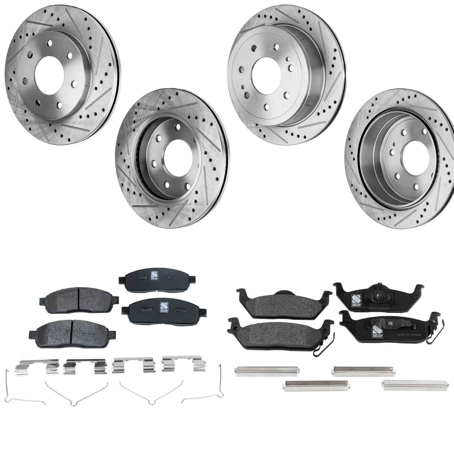 4-Wheel Set Front and Rear Brake Disc and Pad Kit, Cross-drilled and Slotted 7 Lugs Front-329.95 mm/Rear-348 mm Front-Ceramic/Rear-Semi-Metallic Pro-Line Series, Includes (4) Disc and (2) Pad Set