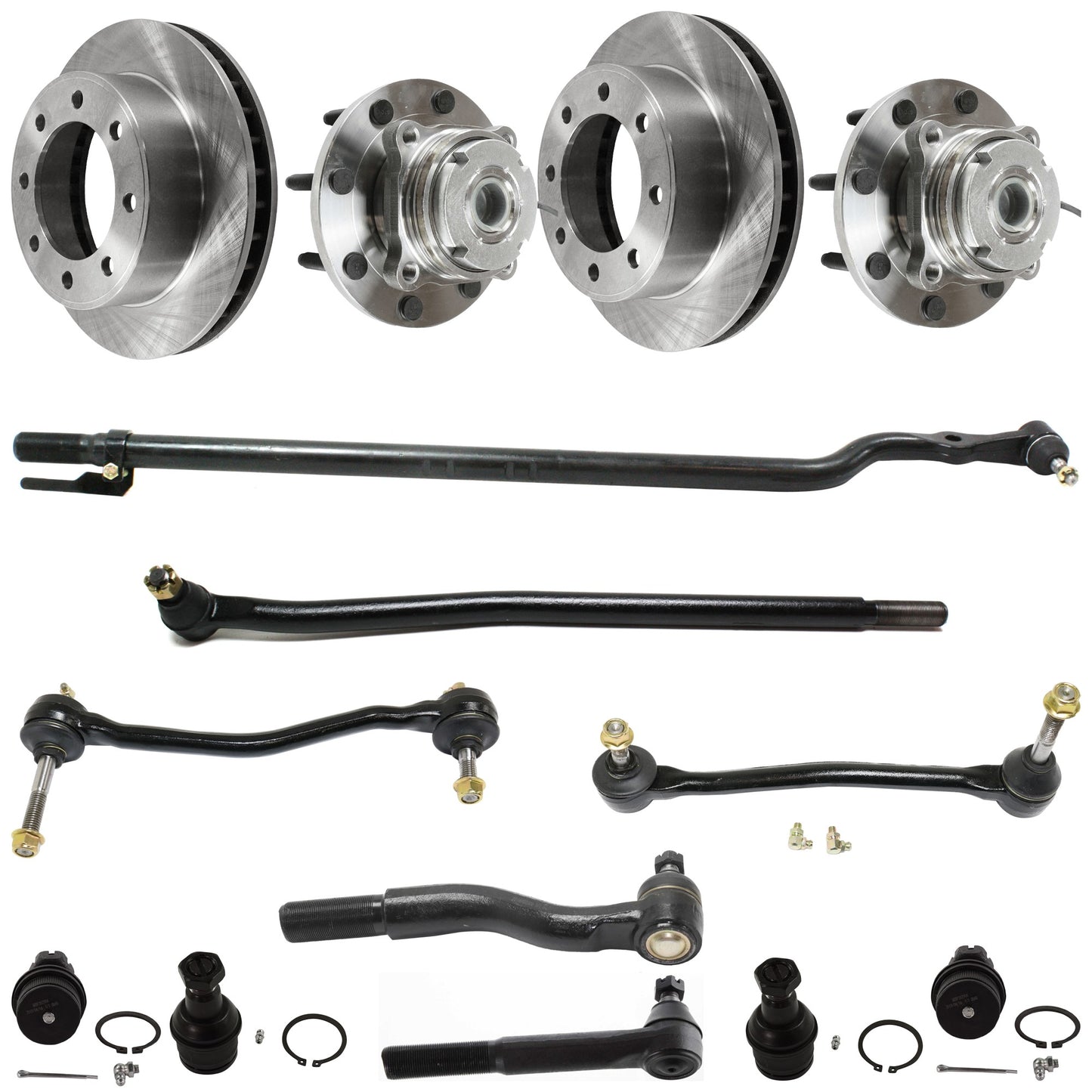 14-Piece Kit Front Suspension Kit, Includes (4) Tie Rod End, (2) Brake Disc, (2) Sway Bar Link, (4) Ball Joint and (2) Wheel Hub