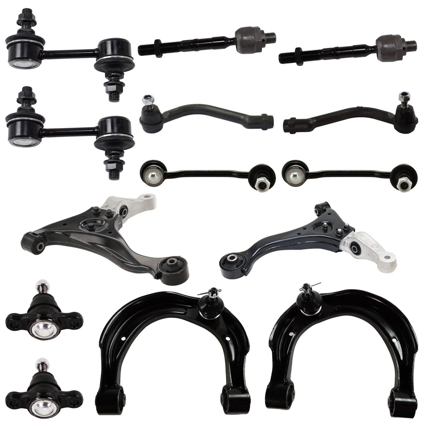 14-Piece Kit Front, Driver and Passenger Side, Upper and Lower Control Arm, includes (2) Ball Joint, (4) Control Arm, (4) Sway Bar Link, and (4) Tie Rod End