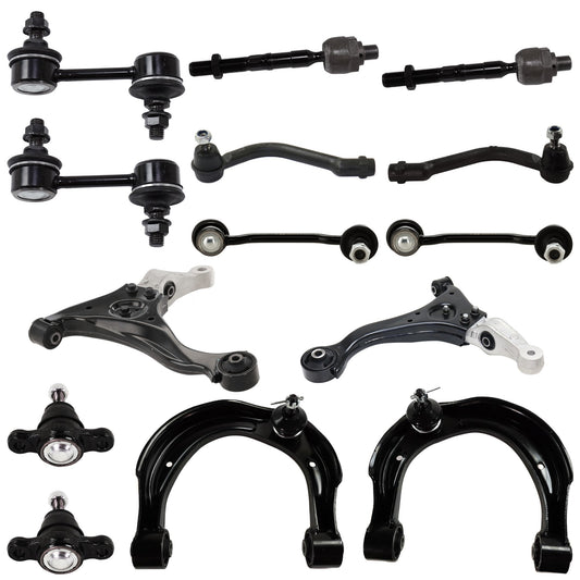 14-Piece Kit Front, Driver and Passenger Side, Upper and Lower Control Arm, includes (2) Ball Joint, (4) Control Arm, (4) Sway Bar Link, and (4) Tie Rod End