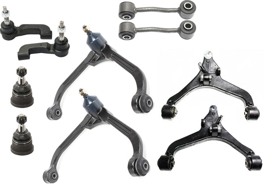 10-Piece Kit Front, Driver and Passenger Side, Upper and Lower Control Arm, includes (2) Ball Joint, (4) Control Arm, (2) Sway Bar Link, and (2) Tie Rod End