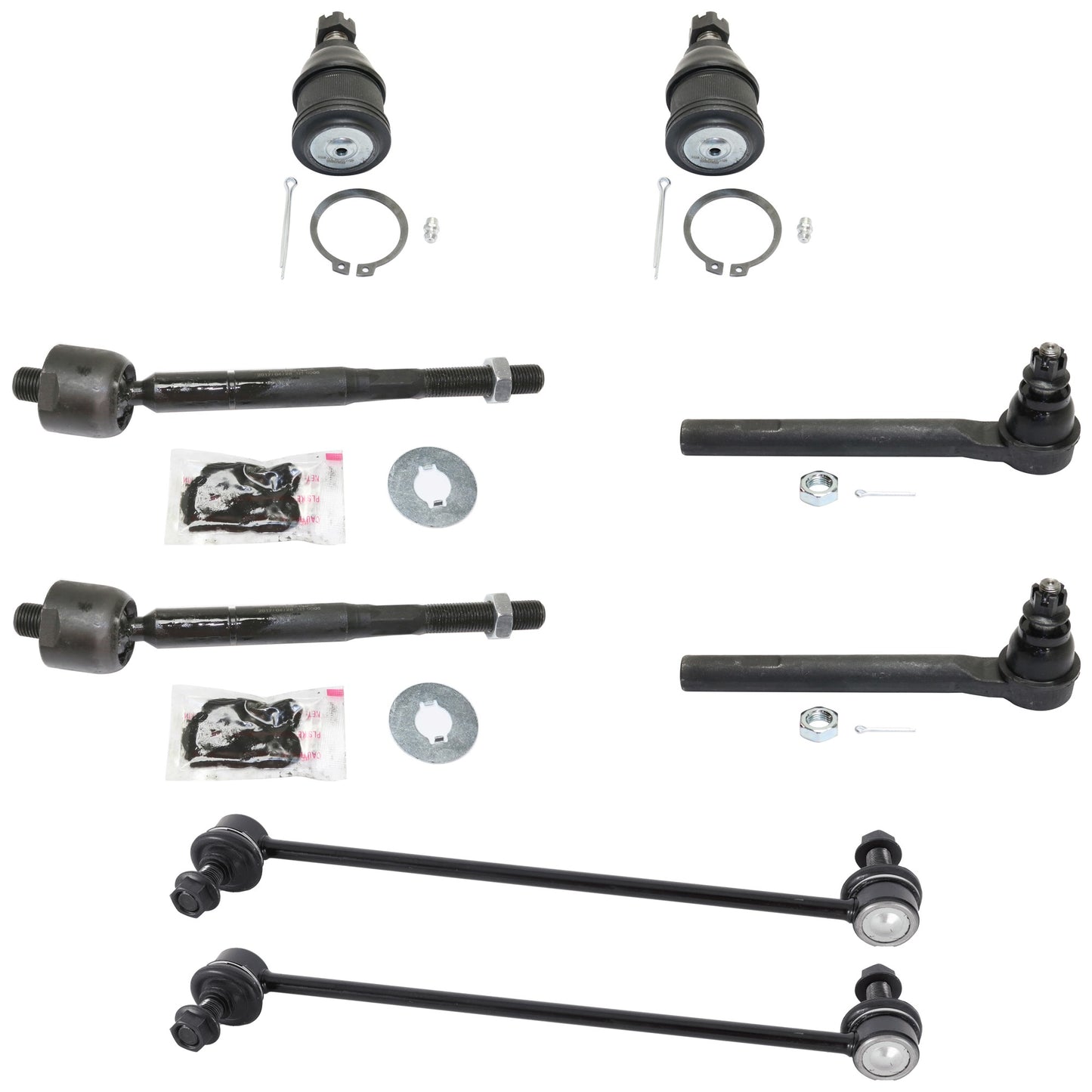 8-Piece Kit Front, Driver and Passenger Side, Inner and Outer Tie Rod End Includes (2) Ball Joint, (2) Sway Bar Link and (4) Tie Rod End