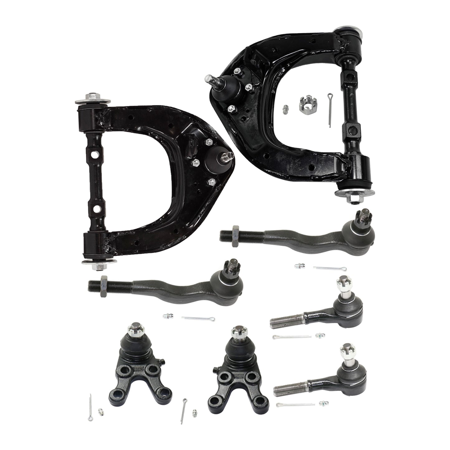 8-Piece Kit Front, Driver and Passenger Side, Upper Control Arm Includes (2) Ball Joint, (2) Control Arm, and (4) Tie Rod End