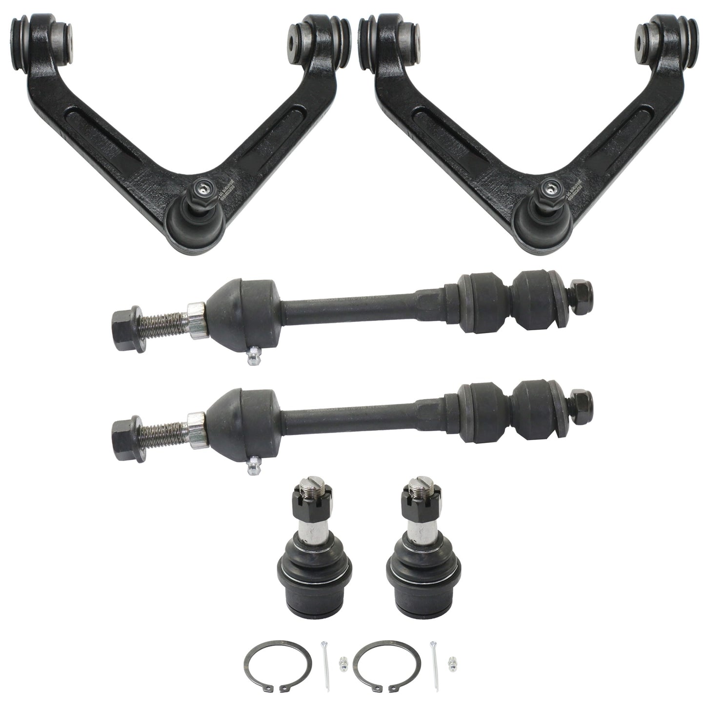6-Piece Kit Front, Driver and Passenger Side, Upper Control Arm, includes (2) Ball Joint, (2) Control Arm, and (2) Sway Bar Link