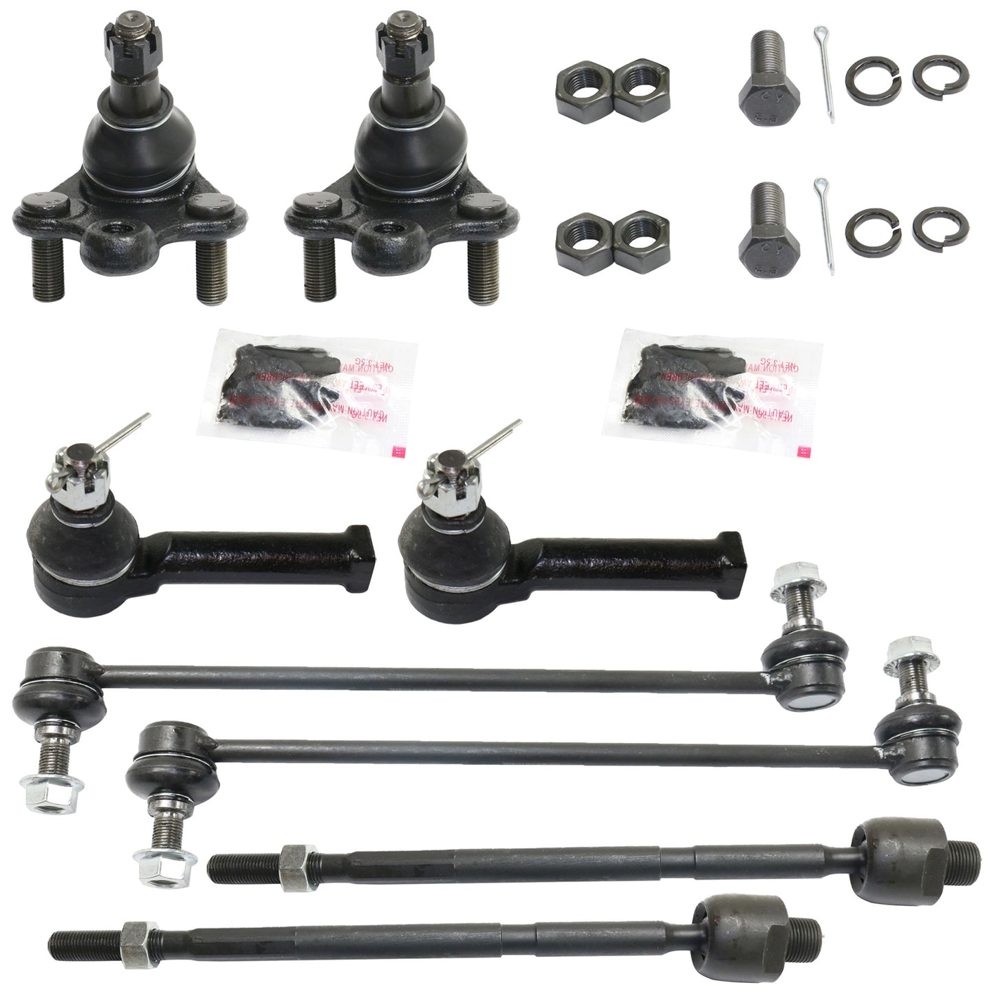8-Piece Kit Front, Driver and Passenger Side, Lower Ball Joint, includes (2)Ball Joint,(2)Sway Bar Link and (4)Tie Rod End