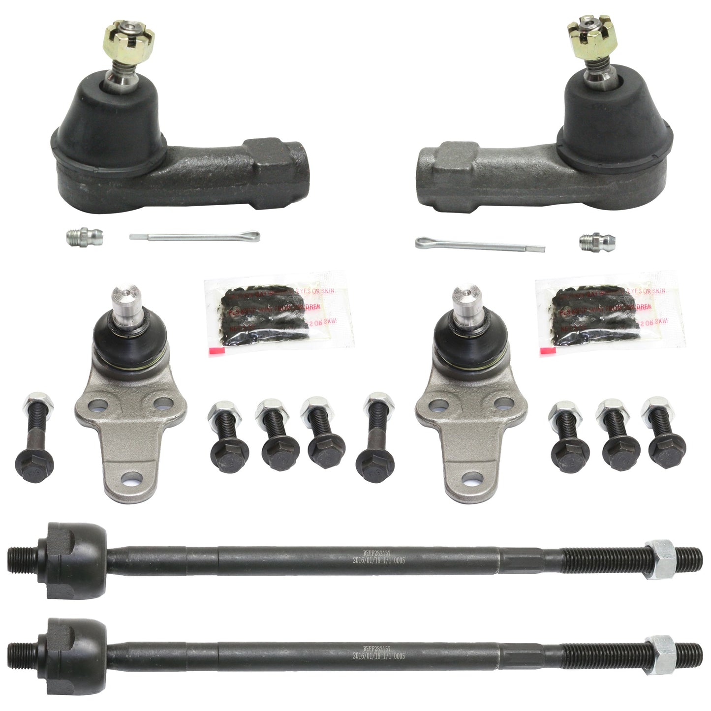 6-Piece Kit Front, Driver and Passenger Side, Lower Ball Joint, includes (2) Ball Joint and (4) Tie Rod End