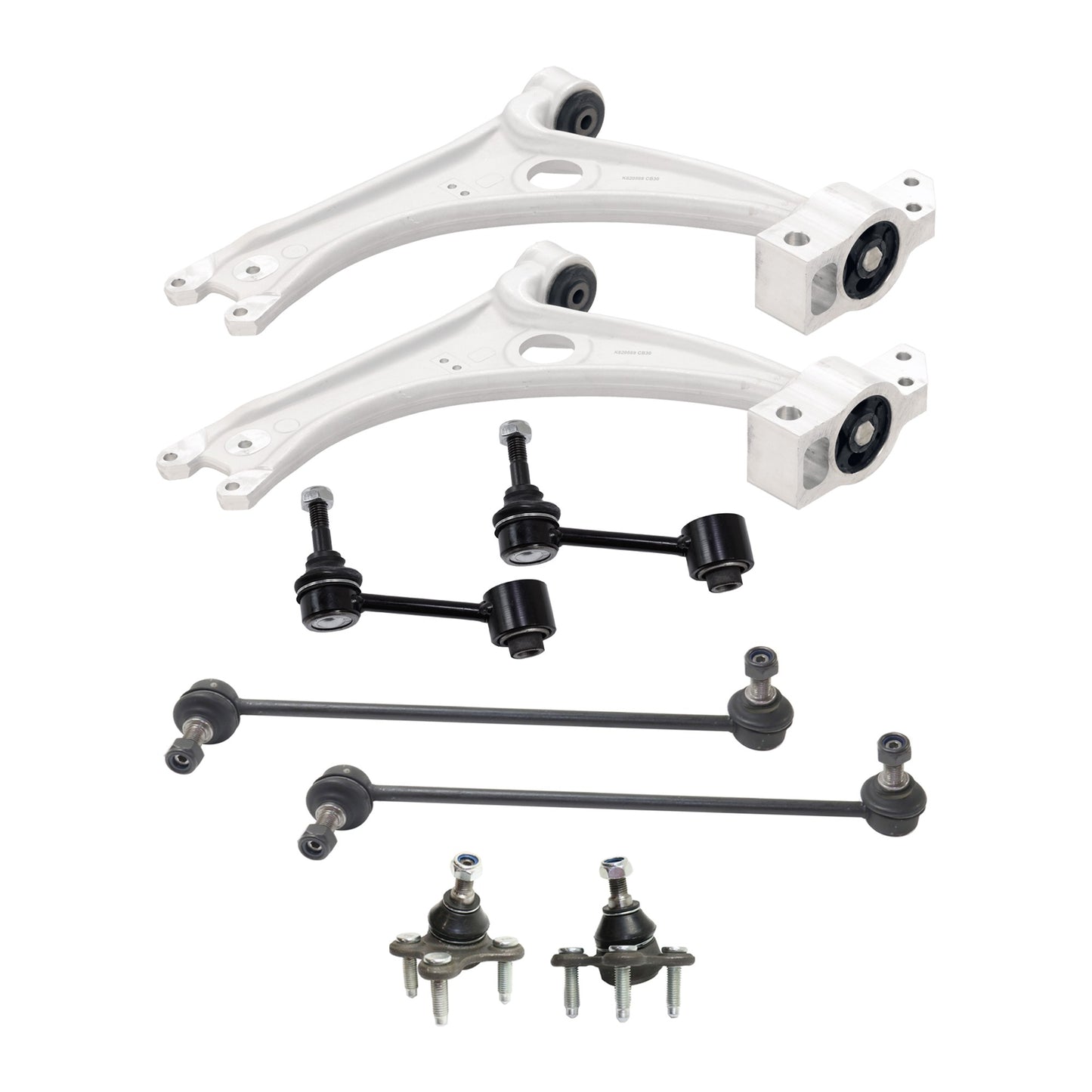 8-Piece Kit Front, Driver and Passenger Side, Lower Control Arm, includes (2) Ball Joint, (2) Control Arm, and (4) Sway Bar Link