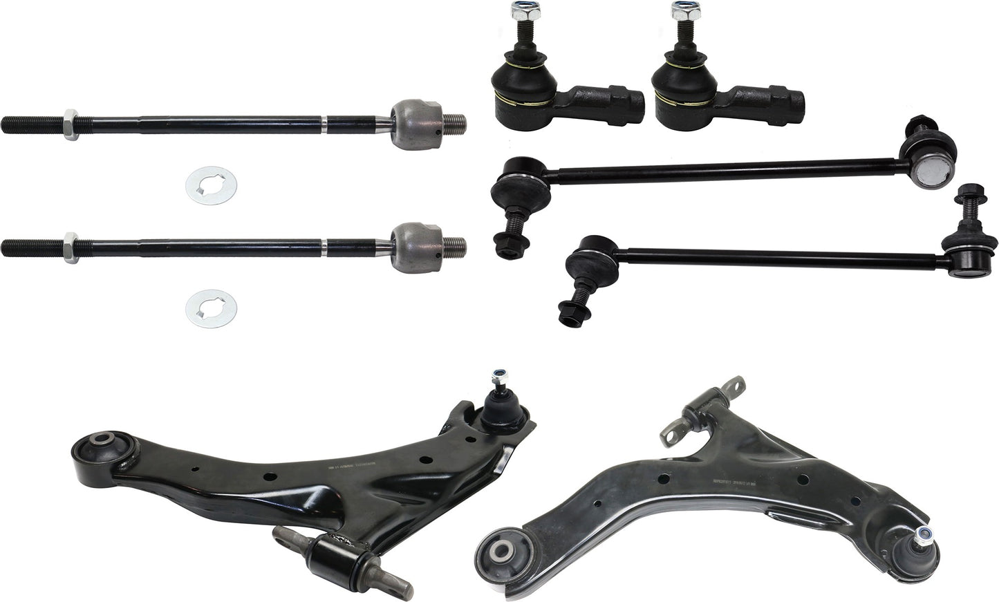 8-Piece Kit Front, Driver and Passenger Side, Lower Control Arm, FWD, (2) Control Arm, (2) Sway Bar Link, and (4) Tie Rod End