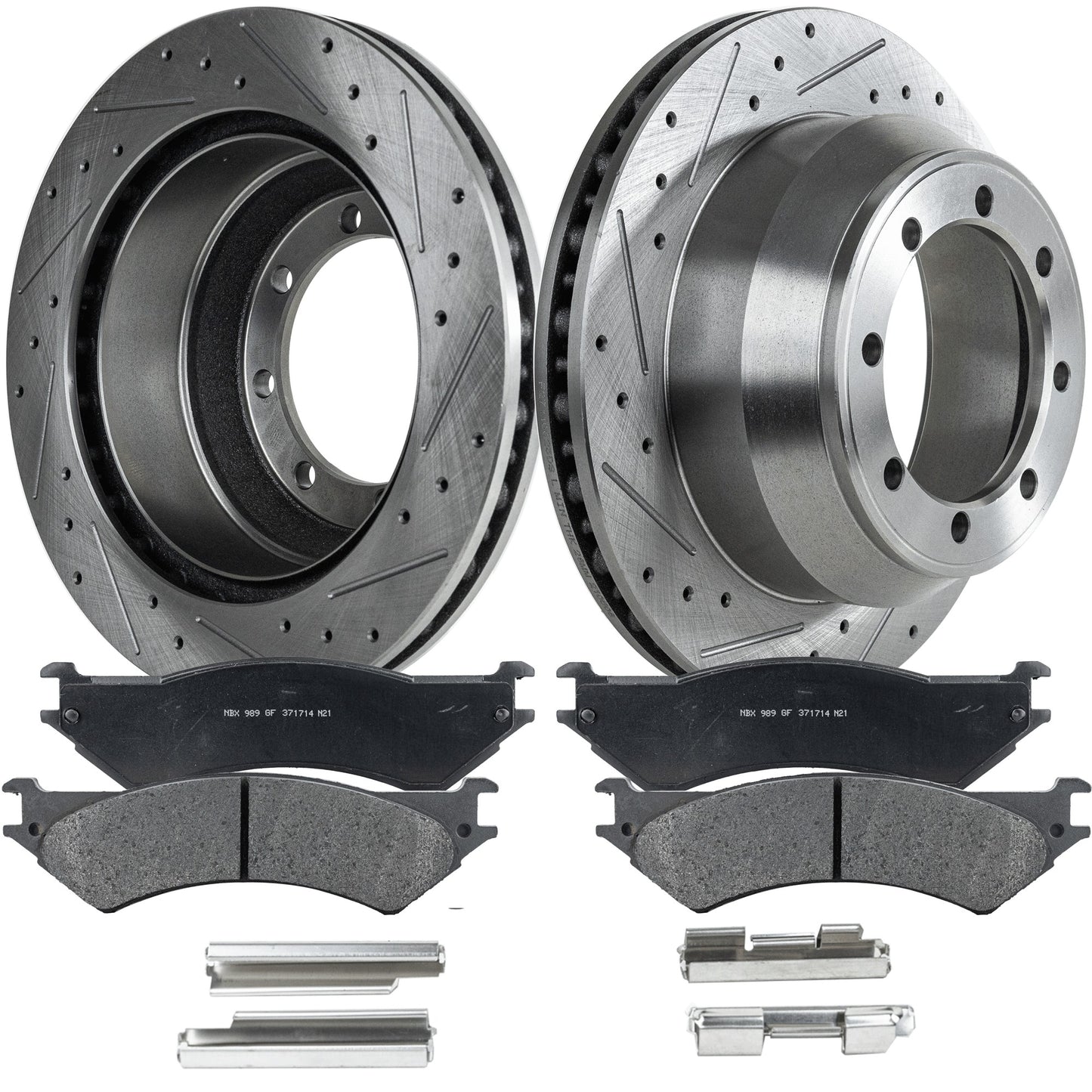 2-Wheel Set Rear Brake Disc and Pad Kit, Cross-drilled and Slotted 8 Lugs 326 mm Semi-metallic Pro-Line Series, Includes (1) Brake Disc and (1) Brake Pad Set