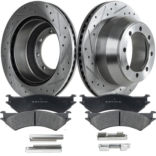2-Wheel Set Rear Brake Disc and Pad Kit, Cross-drilled and Slotted 8 Lugs 326 mm Semi-metallic Pro-Line Series, Includes (1) Brake Disc and (1) Brake Pad Set