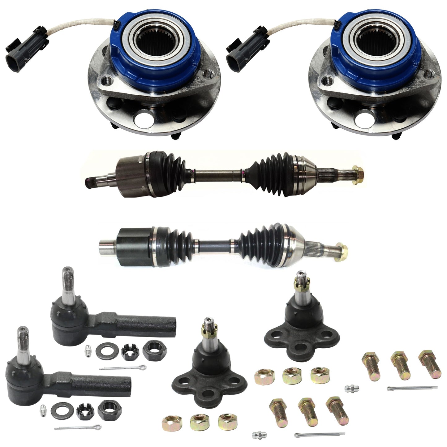 8-Piece Kit Front, Driver and Passenger Side Axle Assembly, includes (2) Axle Assembly, (2) Ball Joint, (2) Tie Rod End, and (2) Wheel Hub