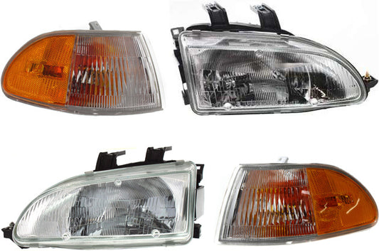 4-Piece Kit Driver and Passenger Side Halogen Headlight, With bulb(s), OE Replacement, Sedan, Includes (2) Headlight and (2) Corner Light