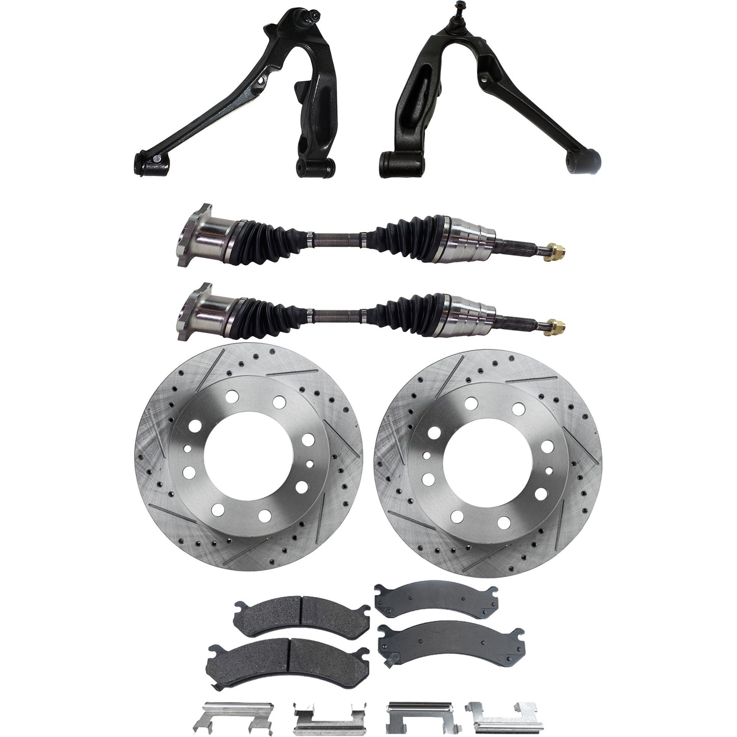 7-Piece Kit Front, Driver and Passenger Side, Lower Control Arm Kit, Includes (1) Brake Pad Set, (2) Control Arm, (2) Axle Assembly and (2) Brake Disc