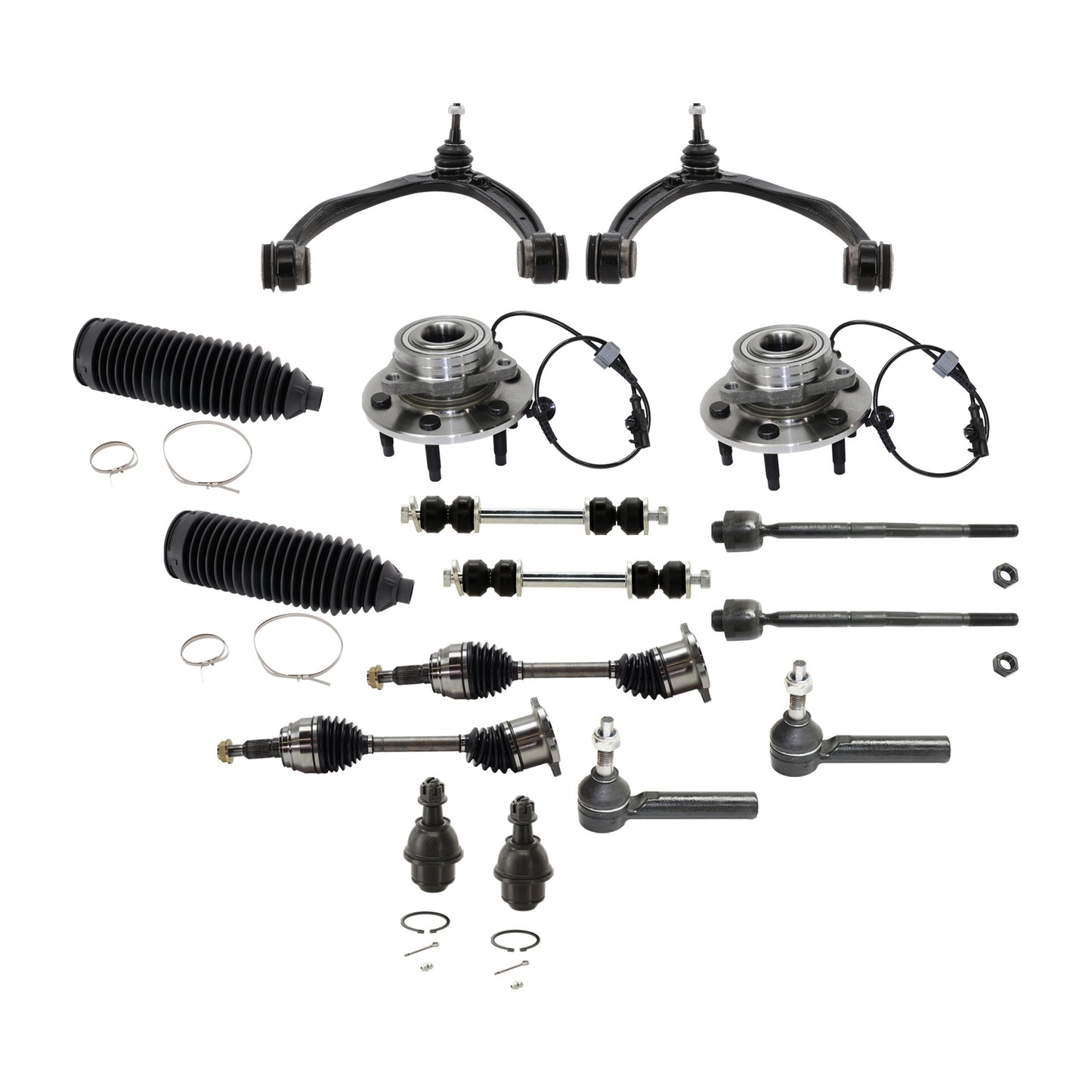 16-Piece Kit Front Suspension Kit, Includes (2) Control Arm, (2) Ball Joint, (4) Tie Rod End, (2) Sway Bar Link, (2) Steering Rack Boot, (2) Wheel Hub and (2) Axle Assembly