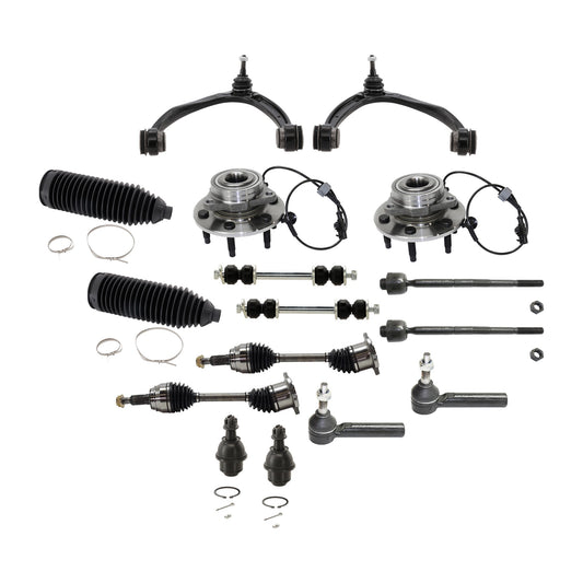 16-Piece Kit Front Suspension Kit, Includes (2) Control Arm, (2) Ball Joint, (4) Tie Rod End, (2) Sway Bar Link, (2) Steering Rack Boot, (2) Wheel Hub and (2) Axle Assembly