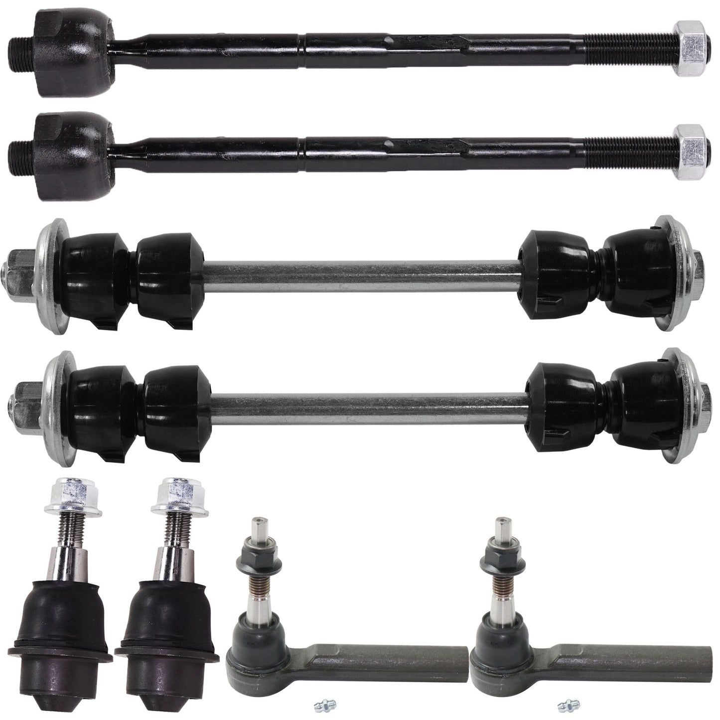 8-Piece Kit Front, Driver and Passenger Side, Inner and Outer Tie Rod End Includes (2) Ball Joint, (2) Sway Bar Link and (4) Tie Rod End