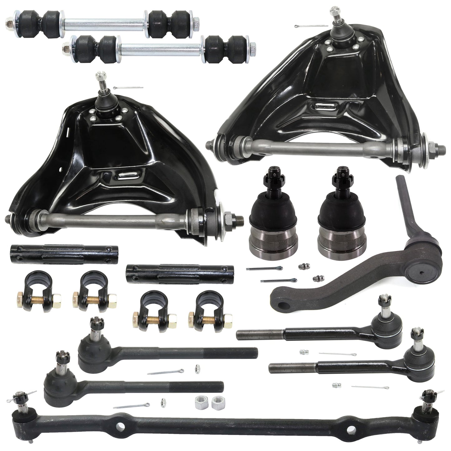 14-Piece Kit Front Control Arm Includes (2) Control Arm, (1) Center Link, (1) Idler Arm, (2) Ball Joint, (4) Tie Rod End, (2) Sway Bar Link and (2) Tie Rod Adjusting Sleeve