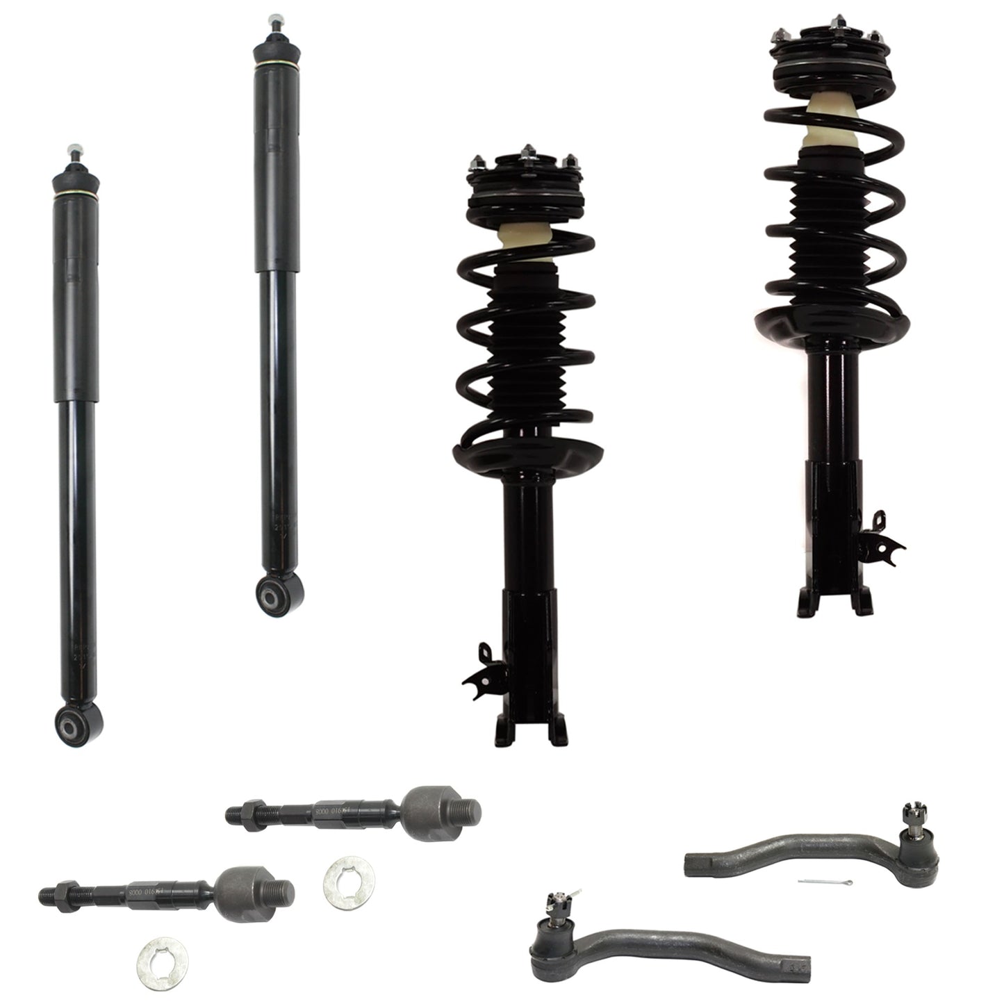 12-Piece Kit Rear, Driver and Passenger Side Shock and Fully Loaded Strut, Sedan, Includes (2) Ball Joint, (4) Tie Rod End, (2) Sway Bar Link and (4) Shock Absorber and Strut Assembly