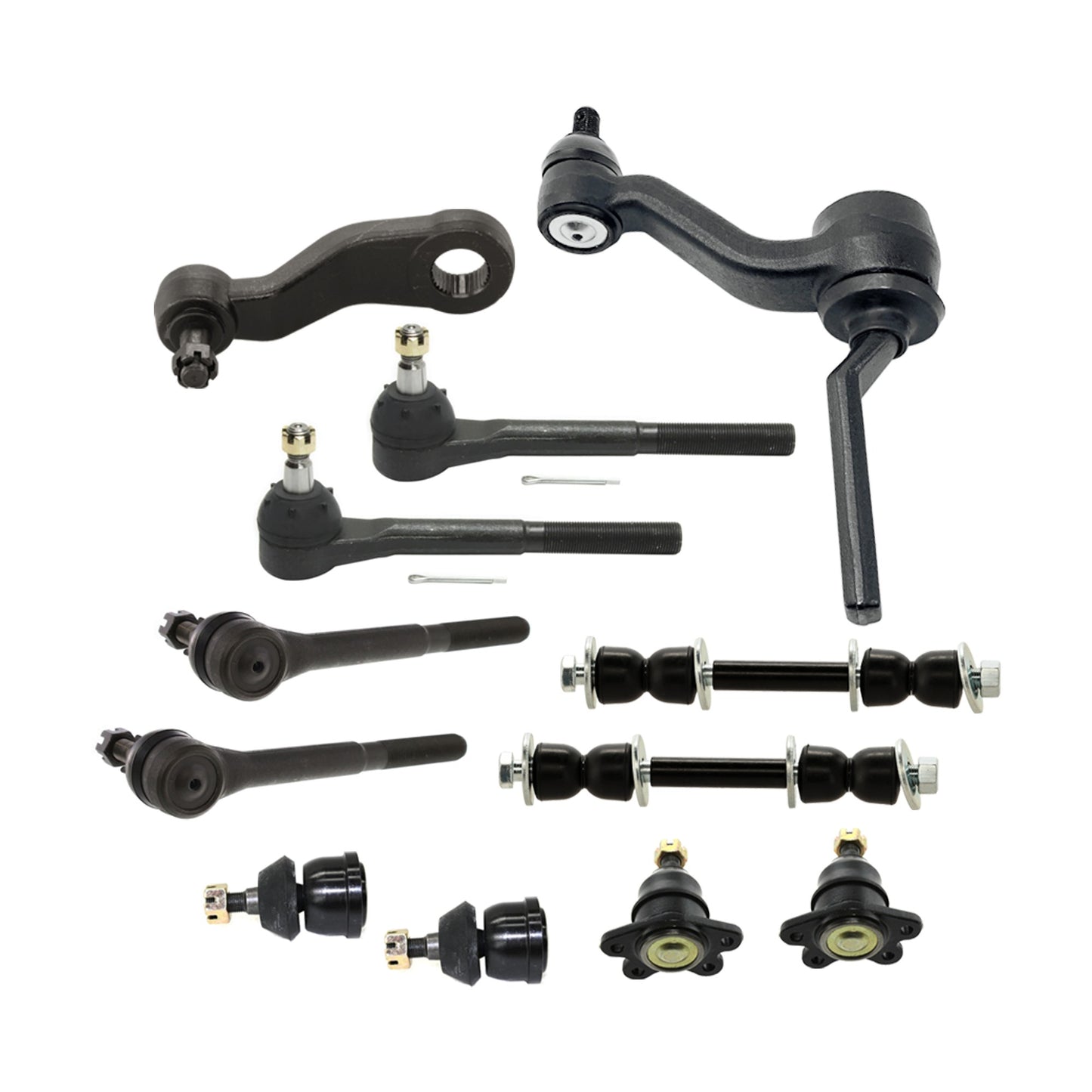 12-Piece Kit Front Idler Arm, Includes (4) Ball Joint, (1) Idler Arm, (1) Pitman Arm, (2) Sway Bar Link, and (4) Tie Rod End