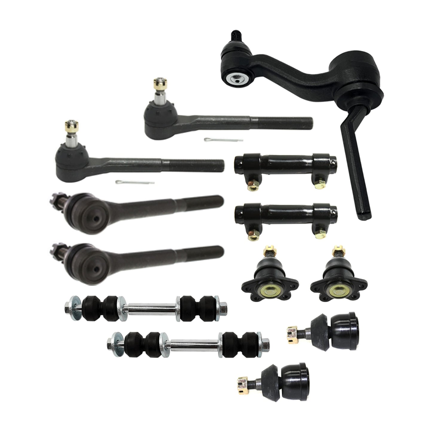 13-Piece Kit Front Idler Arm, Includes (4) Ball Joint, (1) Idler Arm, (2) Sway Bar Link, (2) Tie Rod Adjusting Sleeve, and (4) Tie Rod End